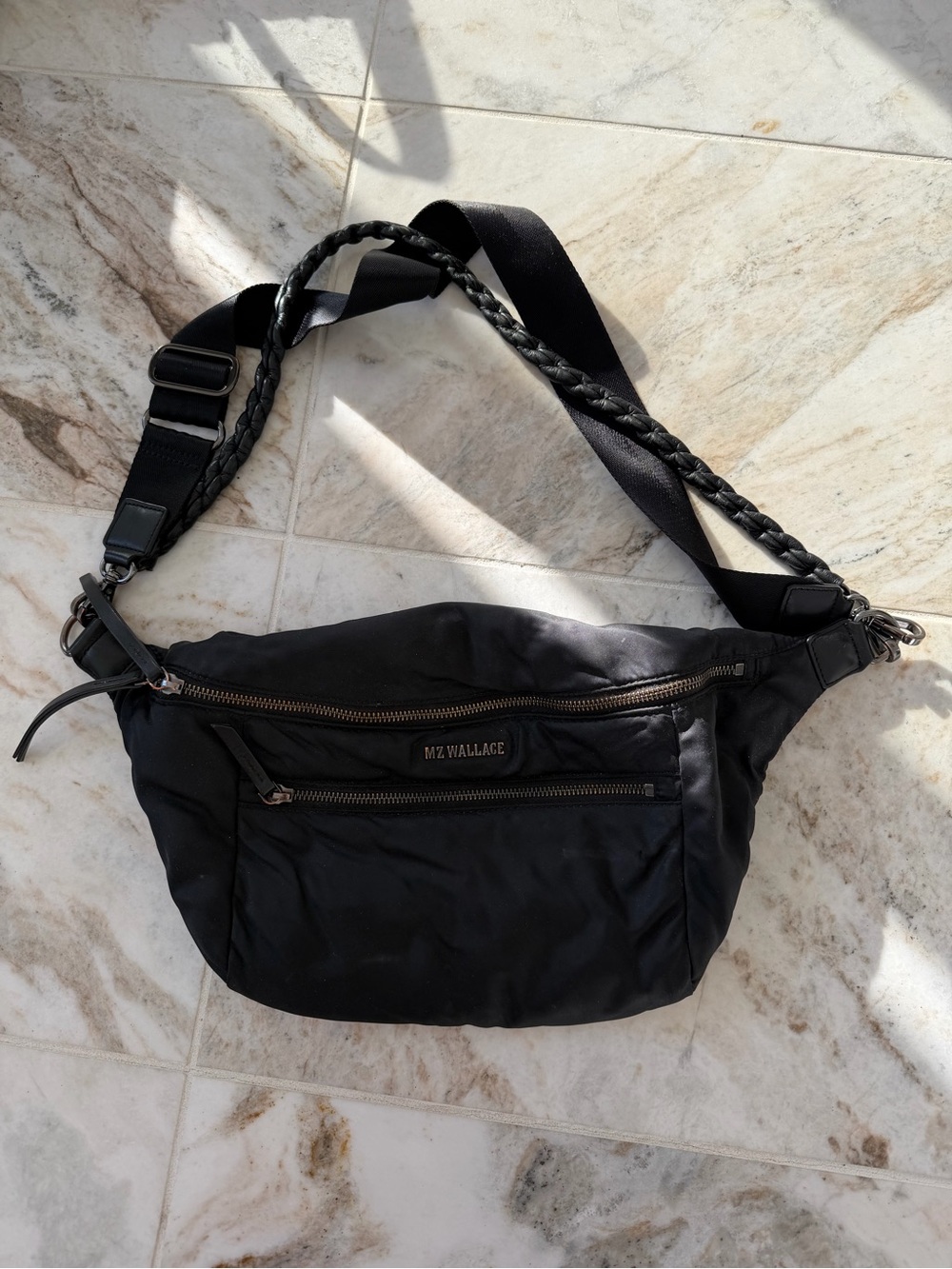 MZ Wallace Black Quilted Nylon Belt Bag with Braided Strap